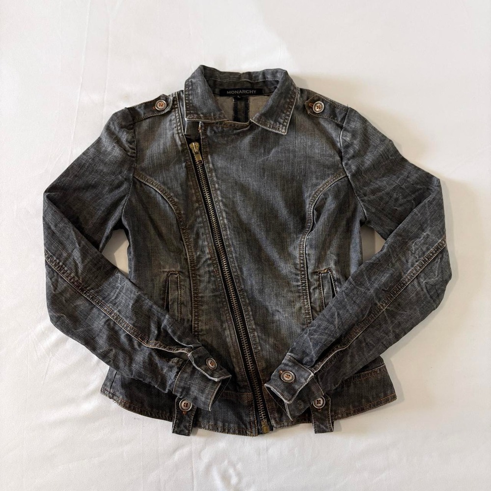 Monarchy Asymmetric Zip Moto Jacket Women Large Black Denim Grunge